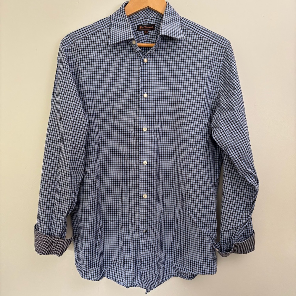 Ben Sherman Plaid Check Long Sleeve Button Down Shirt-Blue/Black-M-15 1/2-34-35